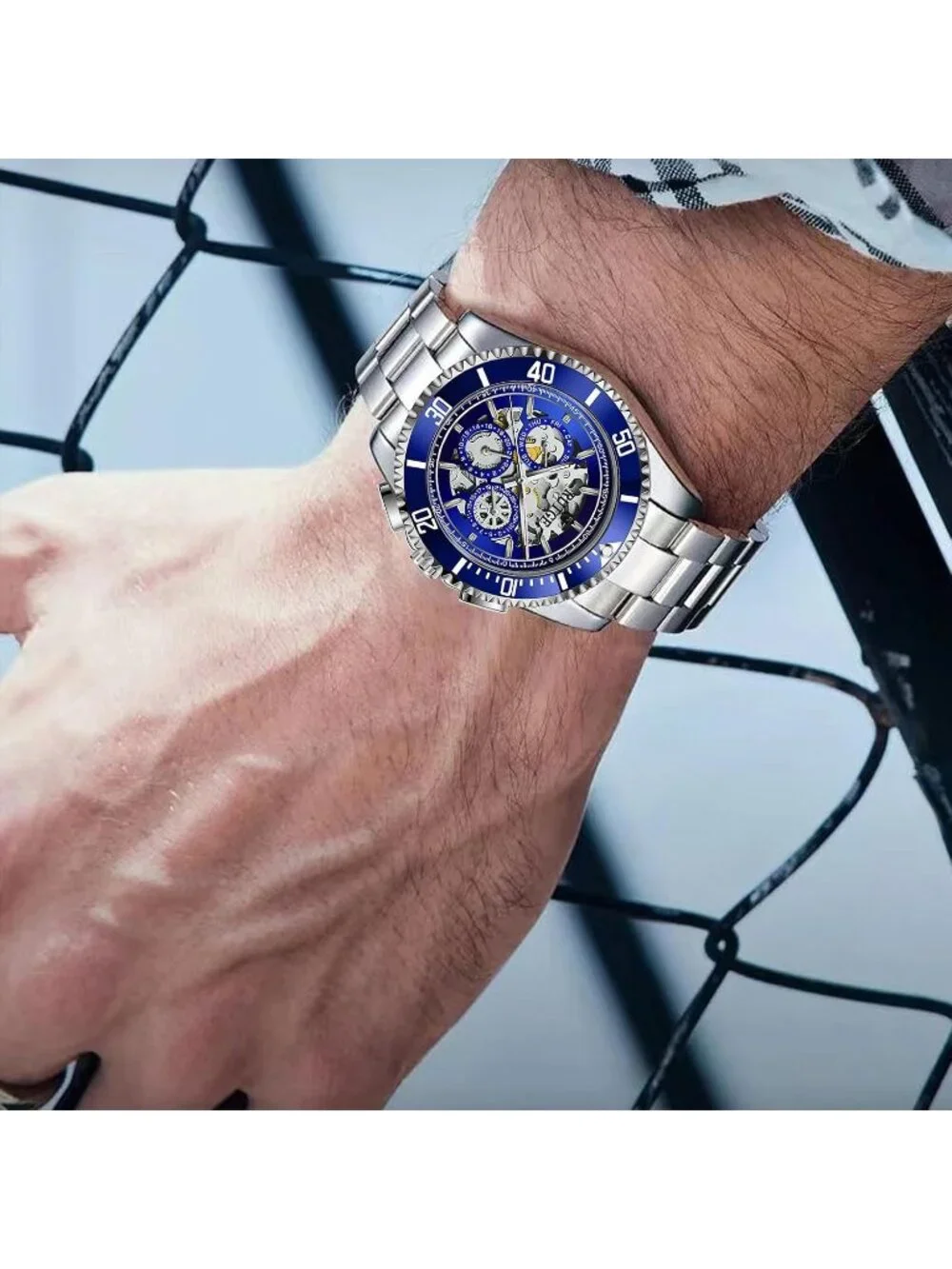 Men's Blue Automatic Skeleton 43mm Mechanical Luminous Stainless Steel Watch
